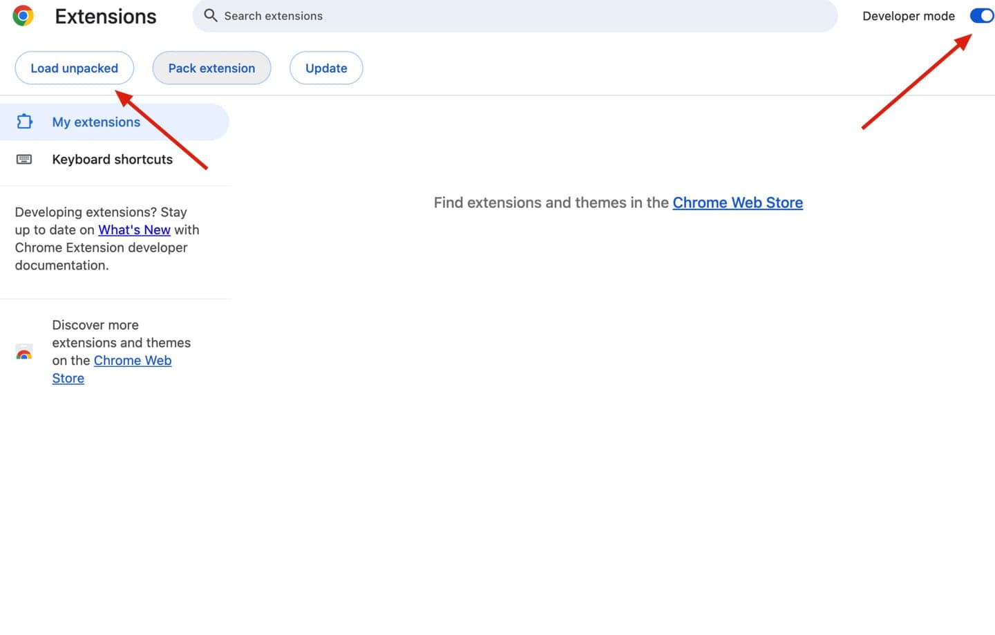 Chrome Extensions page with Developer mode and Load unpacked highlighted.
