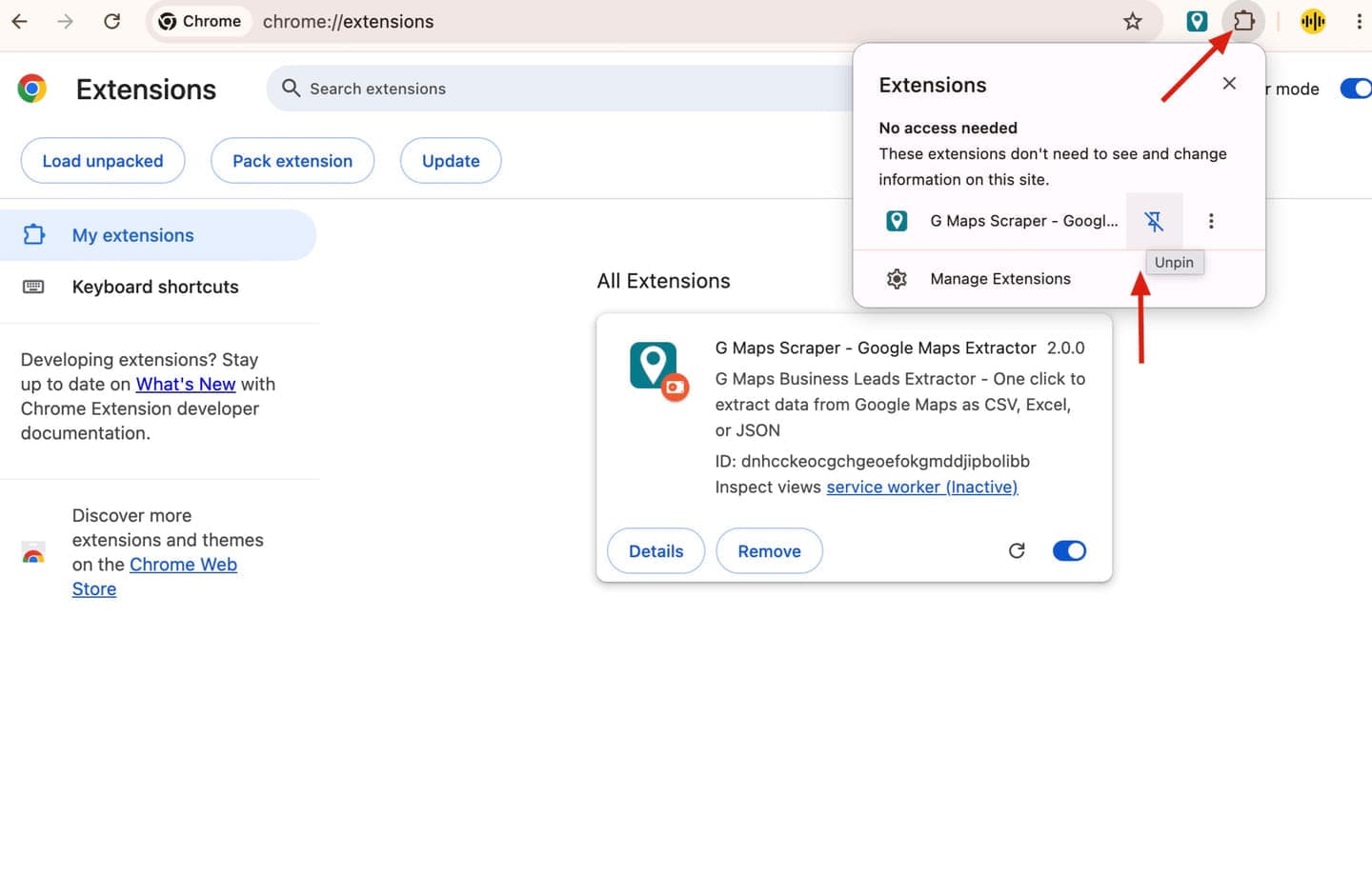 Chrome toolbar Extensions menu showing G Maps Scraper pinned and ready to open.