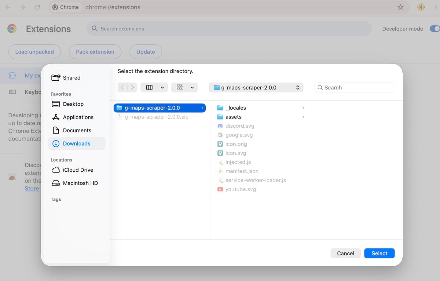File picker selecting the extracted G Maps Scraper folder for Load unpacked.