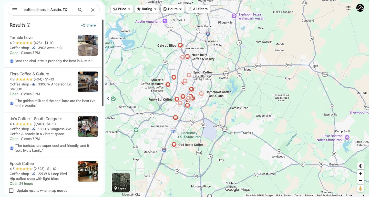 Google Maps search for coffee shops in Austin, TX, including Terrible Love, Flora Coffee & Culture, Jo’s Coffee, and Epoch Coffee.