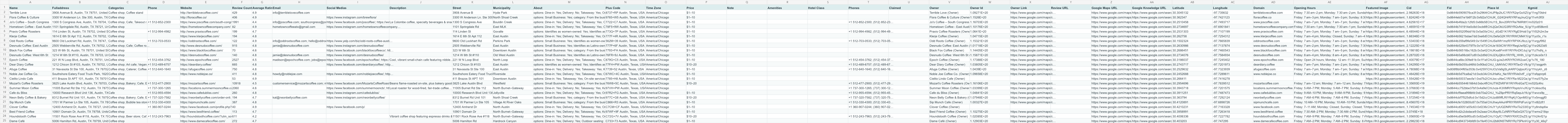 Spreadsheet preview of 24 Austin coffee shops. Download the CSV for all 36 columns.